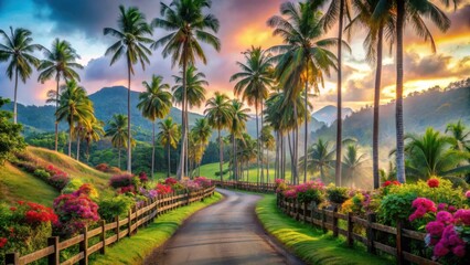 Serene Tropical Road Winding Through Lush Palm Tree Lined Landscape at Sunset