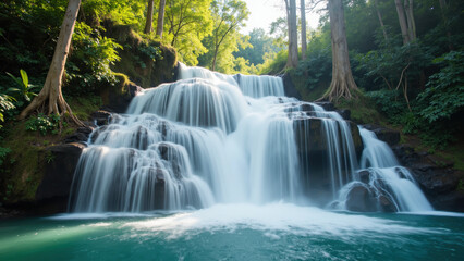 Obraz premium Serene waterfall cascades over rocky ledges, surrounded by lush greenery and tall trees, creating tranquil atmosphere