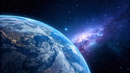 The earth viewed from space with a distant galaxy and stars