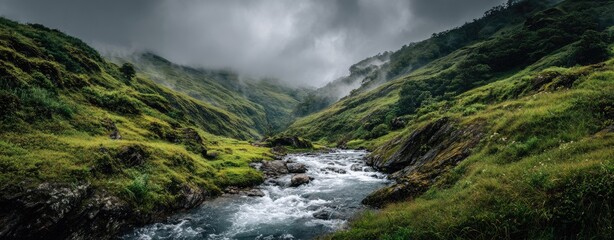 Misty mountain valley with rushing stream