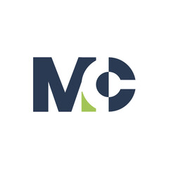 The image shows a logo design of a monogram with initial letters MC in dark grey and green color in simple flat style that looks clean and modern on a white background