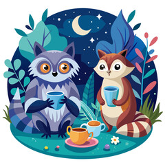 Nighttime Forest Friends: Adorable Raccoon and Fox Enjoying Hot Drinks Under the Stars, Cartoon Style
