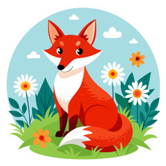 Obraz premium Adorable Cartoon Fox Sitting Amidst Spring Flowers: Cheerful, Childlike Illustration