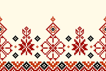 flower embroidery on cream background. ikat and cross stitch geometric seamless pattern ethnic oriental traditional. Aztec style illustration design for carpet,wallpaper,clothing, wrapping,batik.