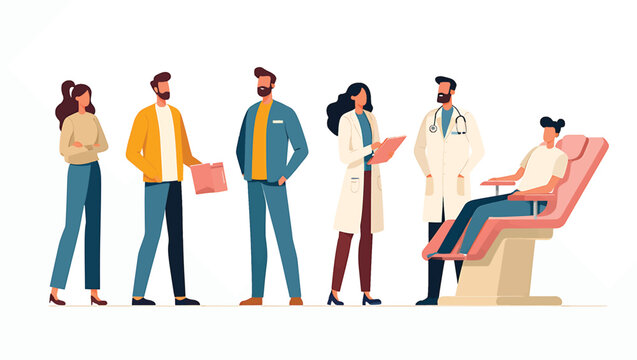 Group of doctors and people at a blood donation event vector illustration.