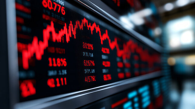Stock Market Data Display with Red Trends and Numerical Figures on a Digital Monitor
