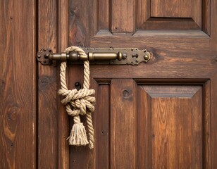 Antique wooden door with rope and metal latch