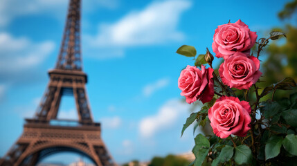 Pink Roses Blooming in Front of Eiffel Tower Under a Blue Sky with Fluffy Clouds