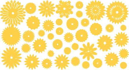 Collection of yellow gears and cogs isolated on transparent background