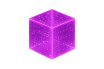 Glowing purple cube displaying futuristic data and code, isolated on transparent background, ideal for technology and innovation concepts