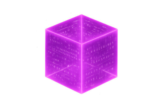 Glowing purple cube displaying futuristic data and code, isolated on transparent background, ideal for technology and innovation concepts