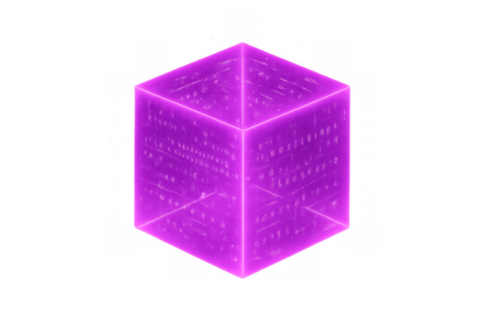 Glowing purple cube displaying futuristic data and code, isolated on transparent background, ideal for technology and innovation concepts