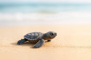 Obraz premium Adorable Sea Turtle Hatchling on Sandy Beach, Nature Conservation Wildlife Photography, Coastal Ocean Life