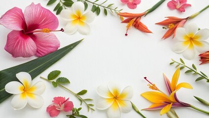 Flat Lay of Exotic Tropical Flowers Including Hibiscus Orchid and Heliconia on White Background Suitable for Copy Space Use