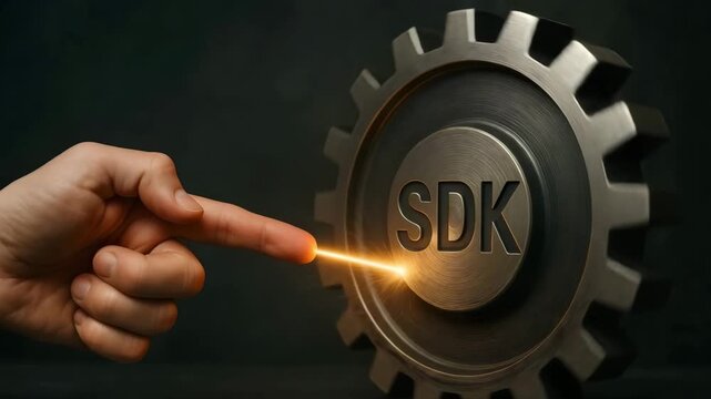 A finger activates glowing line toward metallic sdk gear wheel. Concept of software development toolkit launch and technical innovation.