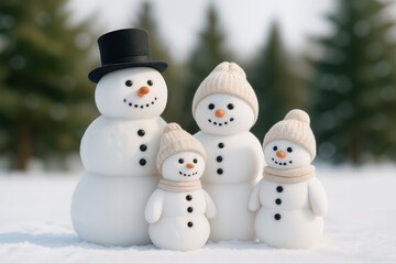 Snowmen Family in Winter Yard Surrounded by Snow Covered Trees with Cozy Hats and Scarf Ensemble Creating a Playful Seasonal Holiday Scene for Christmas Decoration and Art Design Concepts