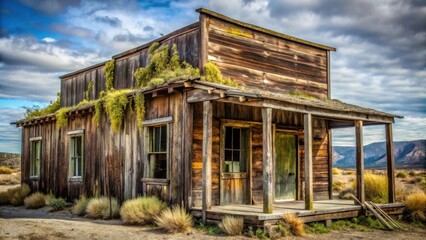 Obraz premium A weathered, rustic wooden structure with overgrown vegetation on its roof, situated in a desolate, arid landscape under a dramatic sky