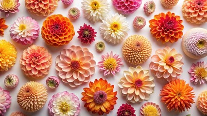 Fototapeta premium A vibrant collection of various dahlia blossoms and other assorted flowers arranged in a pleasing pattern on a white background