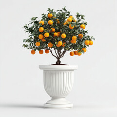 A lush orange tree is elegantly potted in an ornate, classical-style white urn. The tree is filled with vibrant