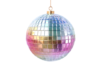 Disco ball ornament, rainbow gradient colors on a white background