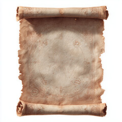 The image shows an ancient, weathered scroll unfurled vertically against a plain white background. The parchment is aged, appearing yellowed and stained with uneven brownish edges that suggest long ye