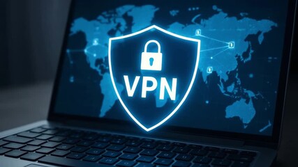 A glowing vpn shield with lock icon appears on laptop screen over world map. Concept of secure remote connection and online privacy. - Powered by Adobe