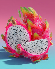 A vibrant digital illustration features slices of dragon fruit - pitaya in vibrant colors on a light pink and blue gradient background, showing realistic water droplet details.