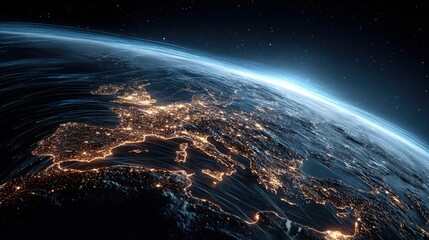 A composite view of a glowing blue and black Earth at night, highlighting Europe, with city lights and atmospheric glow