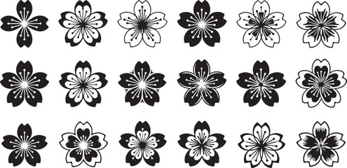 Collection of stylized cherry blossom flowers isolated on transparent background