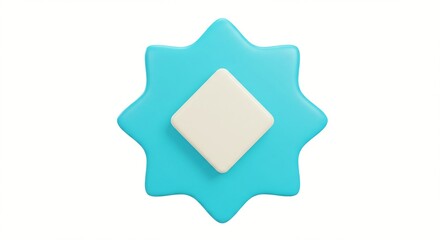 Geometric shapes interact in a minimalist composition, featuring a vibrant teal star-like form layered with a creamy square atop a white backdrop