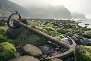 Rusty anchor on mossy rocks by misty ocean chain