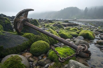 Rusty anchor resting on mossy rocks by the ocean chain