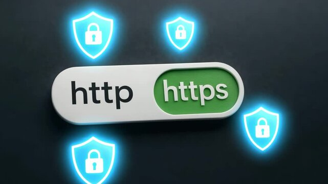 A hand activates HTTPS toggle surrounded by lock icons. Concept of secure internet connection and online safety.