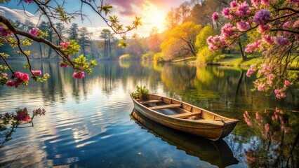 Serene Springtime Lake Scene A Small Wooden Rowboat Gently Floats on Calm Waters, Surrounded by Vibrant Blossoms and Golden Sunlight Reflecting on the Tranquil Surface