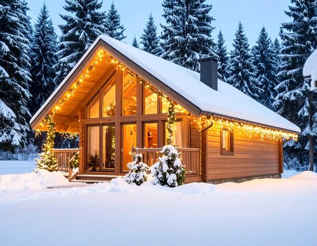 Cozy log cabin in snowy forest at night (1)