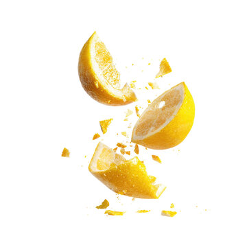 Shattered lemon slices in mid-air