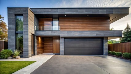 Modern Architectural Design Two-Story Residence with Gray Stone and Wood Accents, Featuring a Sleek Garage Door and Landscaped Grounds