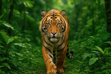 Obraz premium Majestic Tiger Walking Through Lush Jungle with Dense Green Foliage and Intense Gaze