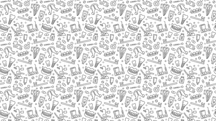 Seamless dental pattern featuring teeth implants braces and dental instruments in black and white
