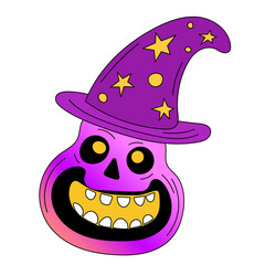 Happy Halloween Cartoon Pumpkin Comic Style Icon. Positive Gradient Skeleton Head. Zombie Character Retro Neon Colored Sticker. Trick or Treat Autumn Holiday Event Theme. Trendy Groovy Funny Logo Icon
