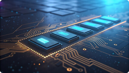Glowing blue processors on a circuit board technology