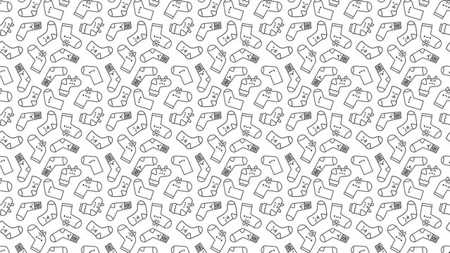 A seamless pattern featuring various cartoon socks in black outline on a white background design