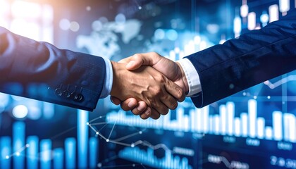 Business handshake, financial data overlay