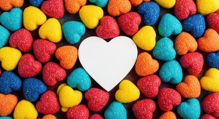 Colorful Heart Shaped Candies Filling the Frame with a White Heart Centerpiece