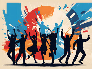 Joyful silhouettes of diverse people celebrating with arms raised against vibrant abstract background