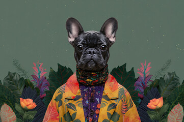  a black French Bulldog wearing a colorful floral jacket and a patterned shirt, set against a green background with vibrant flowers and leaves.