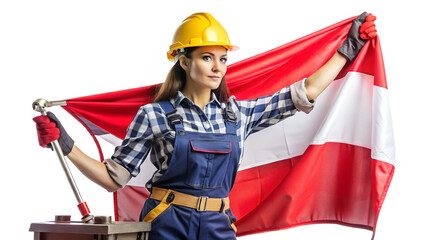 Fototapeta premium Woman in work clothes holding austrian flag isolated on transparent background