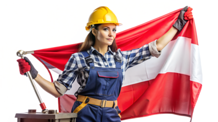Woman in work clothes holding austrian flag isolated on transparent background