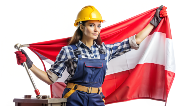 Woman in work clothes holding austrian flag isolated on transparent background