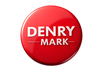 Shiny red denry mark button badge with white text on black background